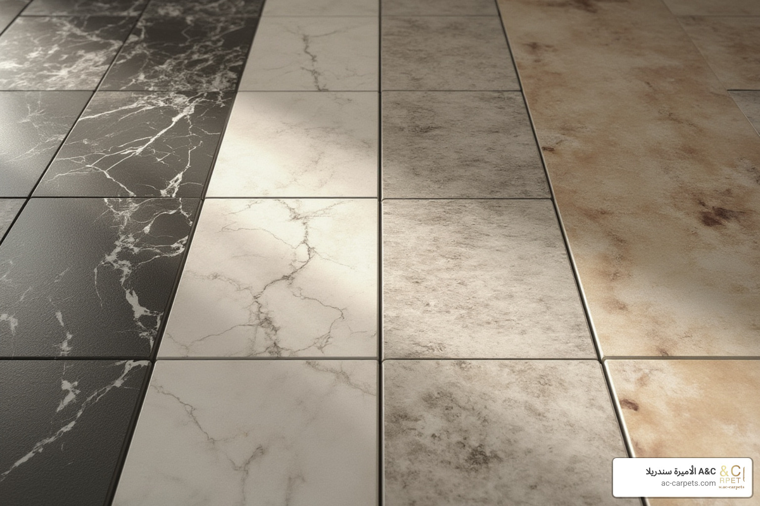 different tile types side-by-side (ceramic, porcelain, marble, vinyl) - best way to clean and disinfect tile floors