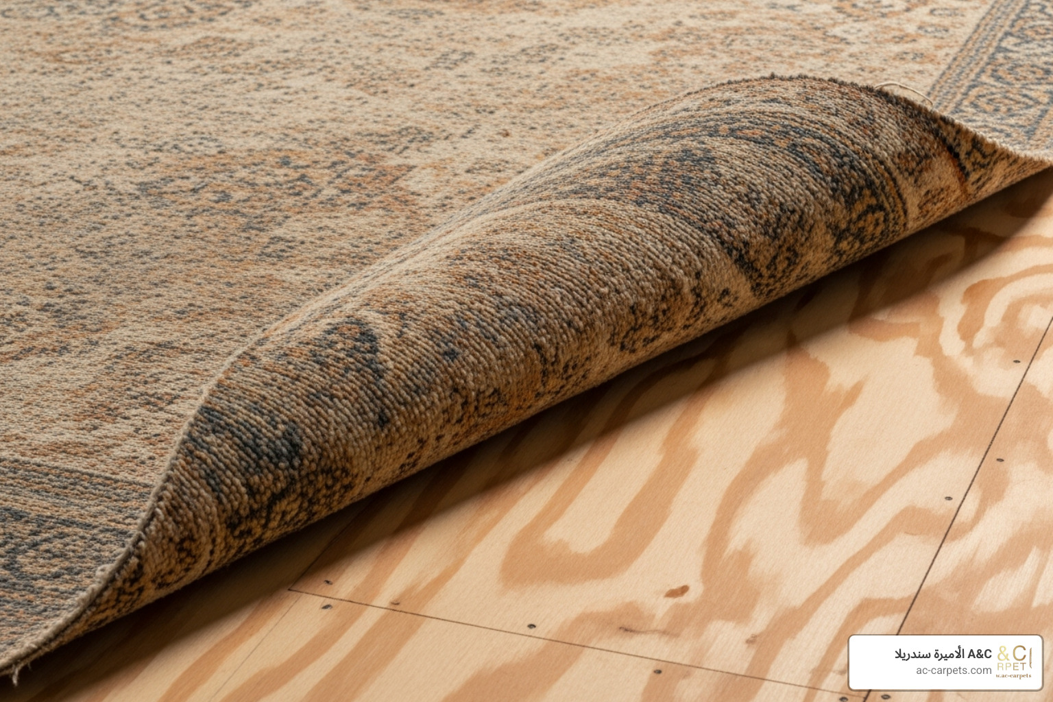 A corner of carpet being pulled back to reveal a clean plywood subfloor - cheapest way to replace carpet