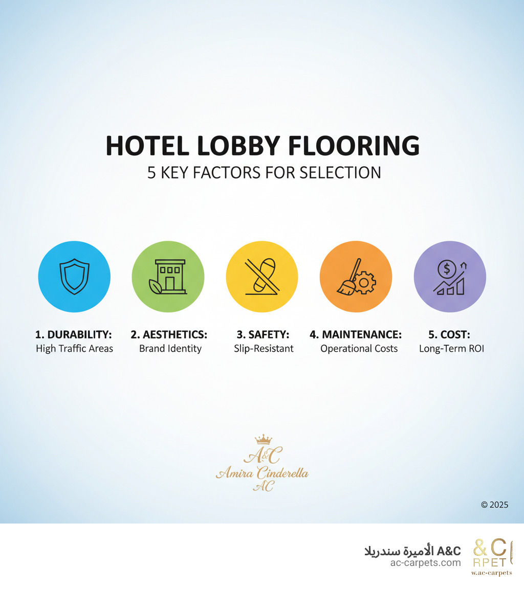 Infographic showing the 5 key factors for choosing hotel lobby flooring: Durability for high traffic areas, Aesthetics that reflect brand identity, Safety with slip-resistant surfaces, Maintenance efficiency for operational costs, and Cost considerations for long-term ROI - hotel lobby flooring infographic 