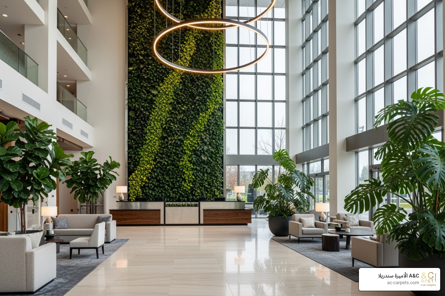 modern hotel lobby with biophilic design elements and large-format tiles - hotel lobby flooring