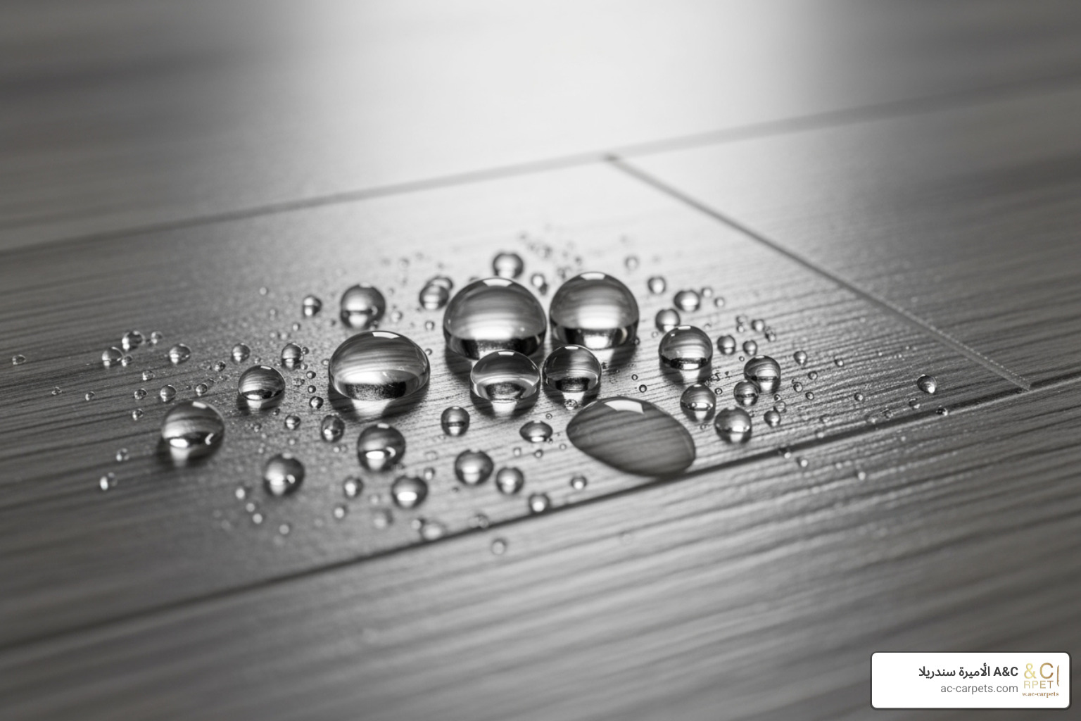 water spill beading up on a waterproof vinyl floor - easy care flooring