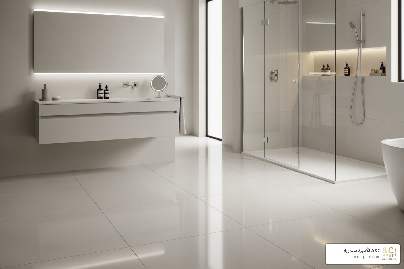 modern bathroom with neat porcelain tile - easy care flooring