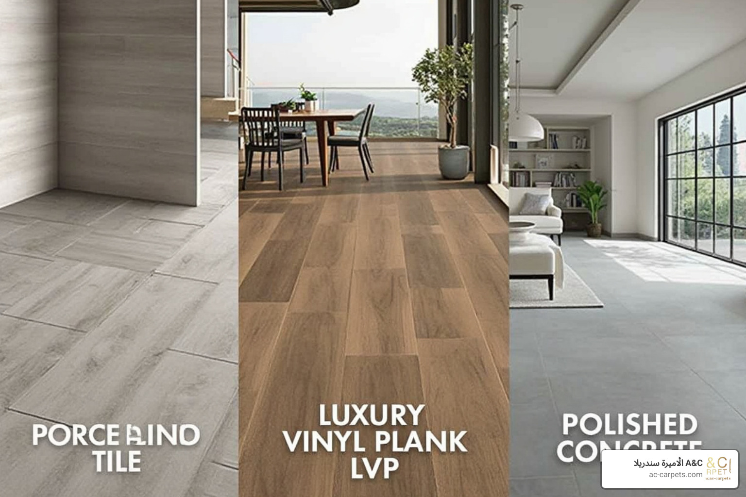 Image showing different durable flooring materials like porcelain tile, LVP, and concrete in modern settings - modern flooring ideas interior