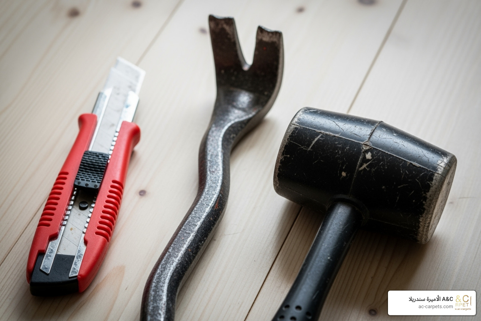 Common DIY flooring tools like a utility knife, pry bar, and rubber mallet - cheapest way to replace carpet