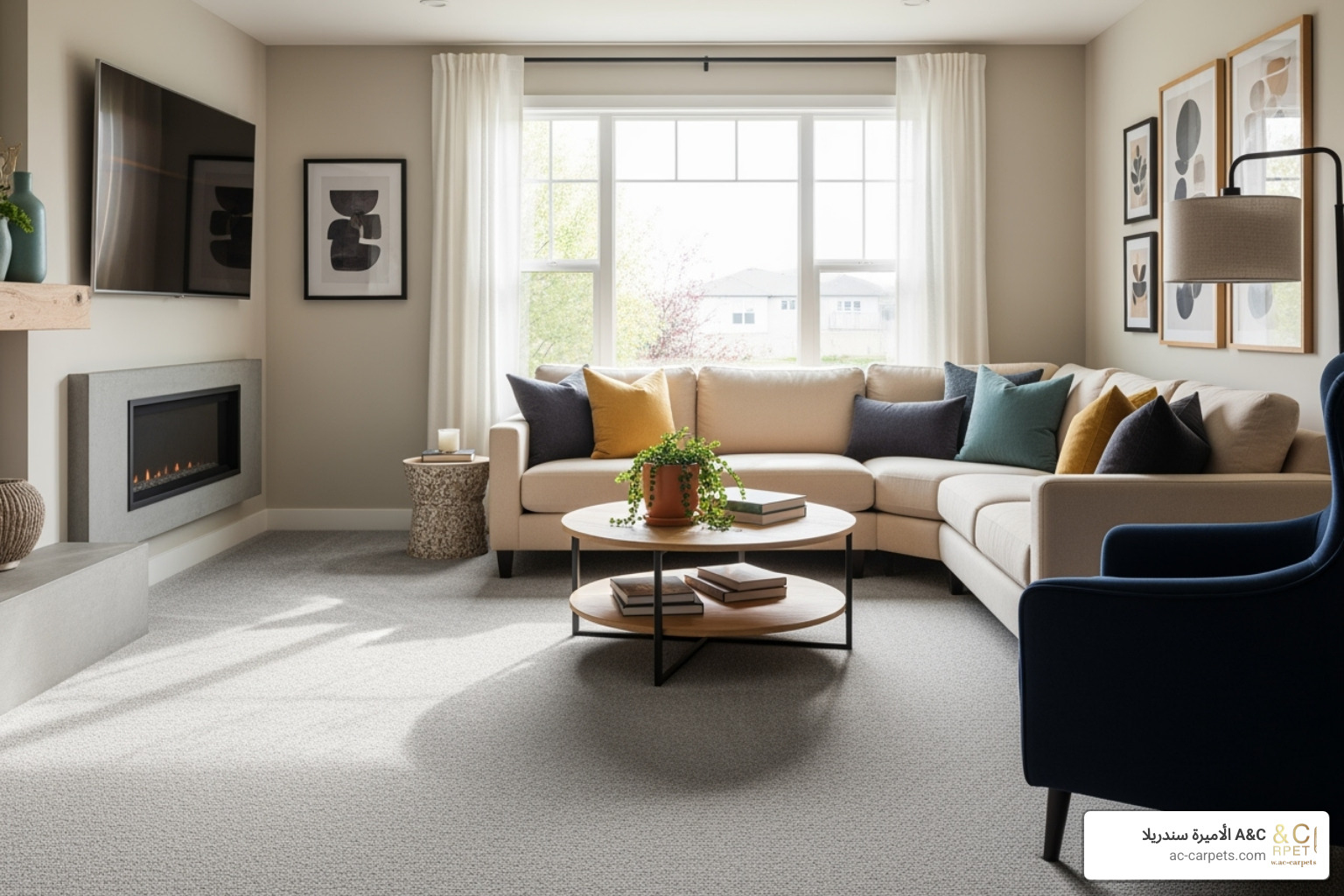cozy family room with a modern, stain-resistant carpet - easy care flooring