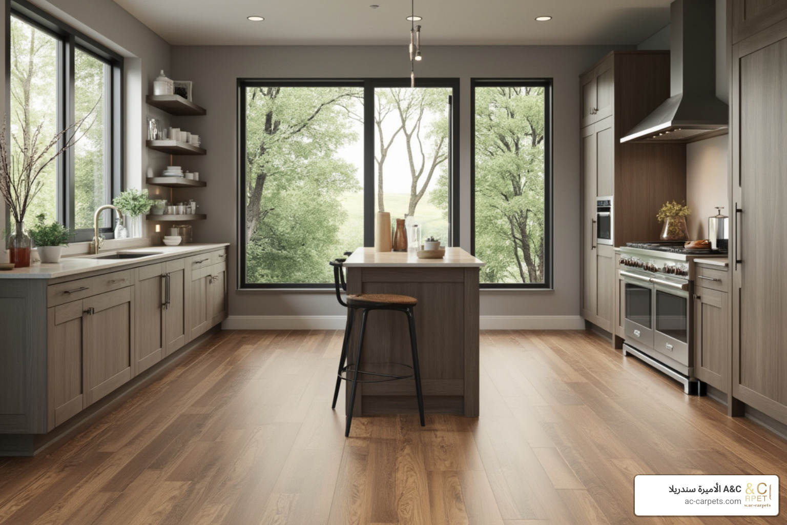 A modern kitchen with luxury vinyl plank flooring - cheapest way to replace carpet