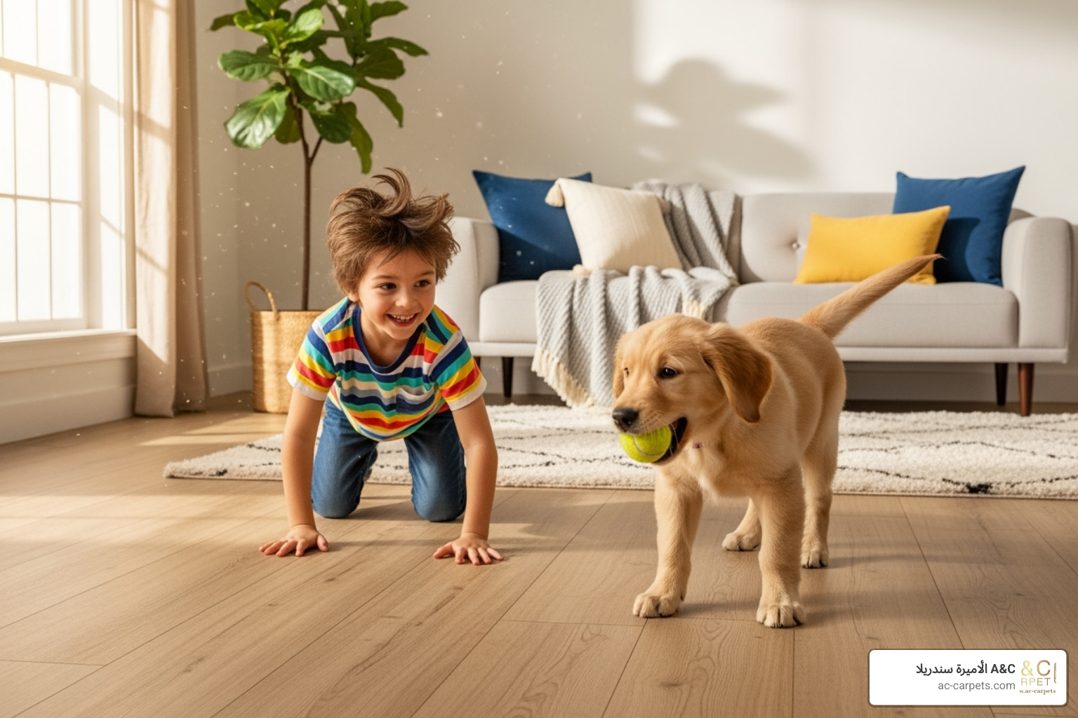 happy dog and a child playing together on a durable, scratch-resistant floor - easy care flooring