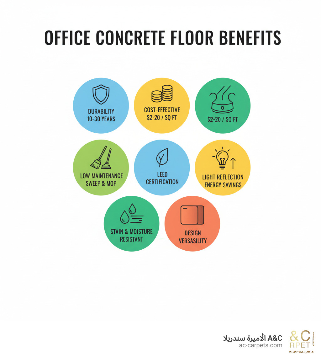 Infographic showing concrete office floor benefits: durability lasting 10-30 years, cost range $2-20 per square foot, low maintenance with sweeping and mopping only, LEED certification potential, light reflection reducing energy costs, stain and moisture resistance, and design versatility from matte to high-gloss finishes - best ideas for concrete office floors infographic 