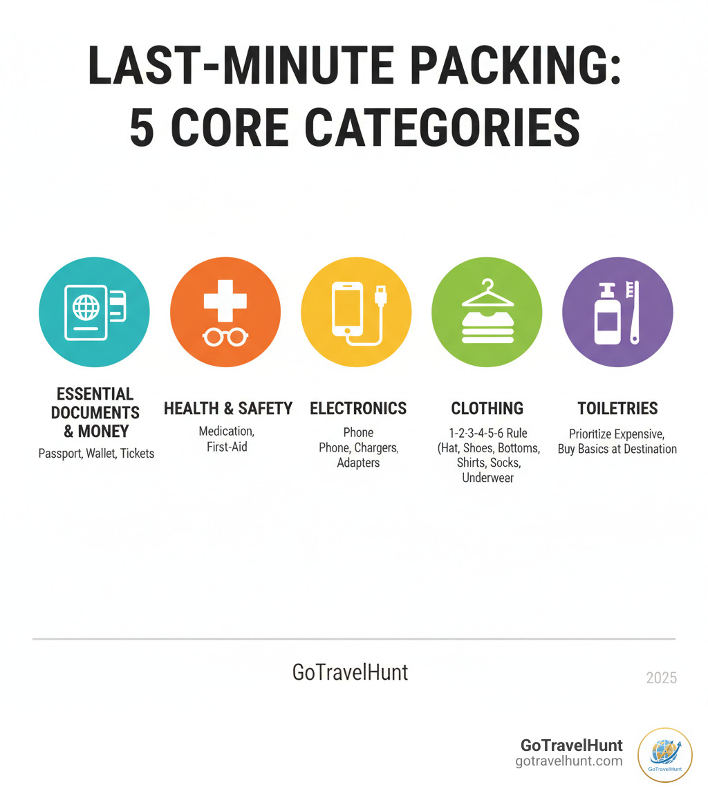 Infographic showing the 5 core categories of last-minute packing: Essential Documents & Money (passport, wallet, tickets), Health & Safety (medications, glasses, first-aid), Electronics (phone, chargers, adapters), Clothing (using 1-2-3-4-5-6 rule), and Toiletries (prioritize expensive items, buy basics at destination) - last minute packing list infographic  Infographic showing the 5 core categories of last-minute packing: Essential Documents & Money (passport, wallet, tickets), Health & Safety (medications, glasses, first-aid), Electronics (phone, chargers, adapters), Clothing (using 1-2-3-4-5-6 rule), and Toiletries (prioritize expensive items, buy basics at destination) - last minute packing list infographic