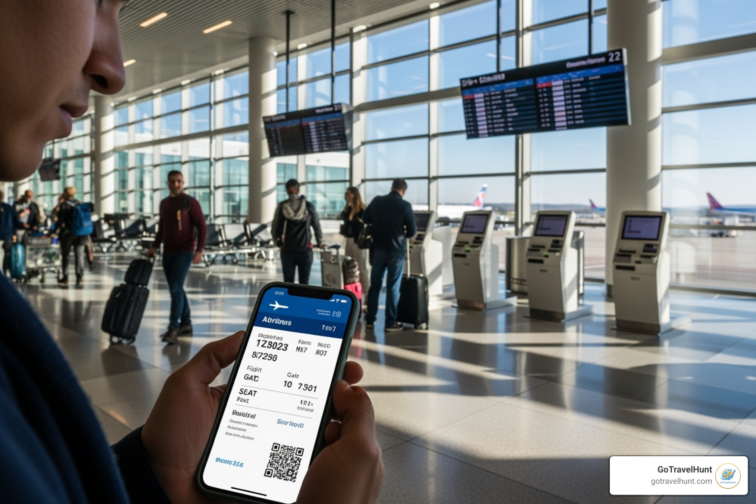 A person checking in for a flight using a smartphone application, showing the convenience of digital travel management - last minute packing list A person checking in for a flight using a smartphone application, showing the convenience of digital travel management - last minute packing list
