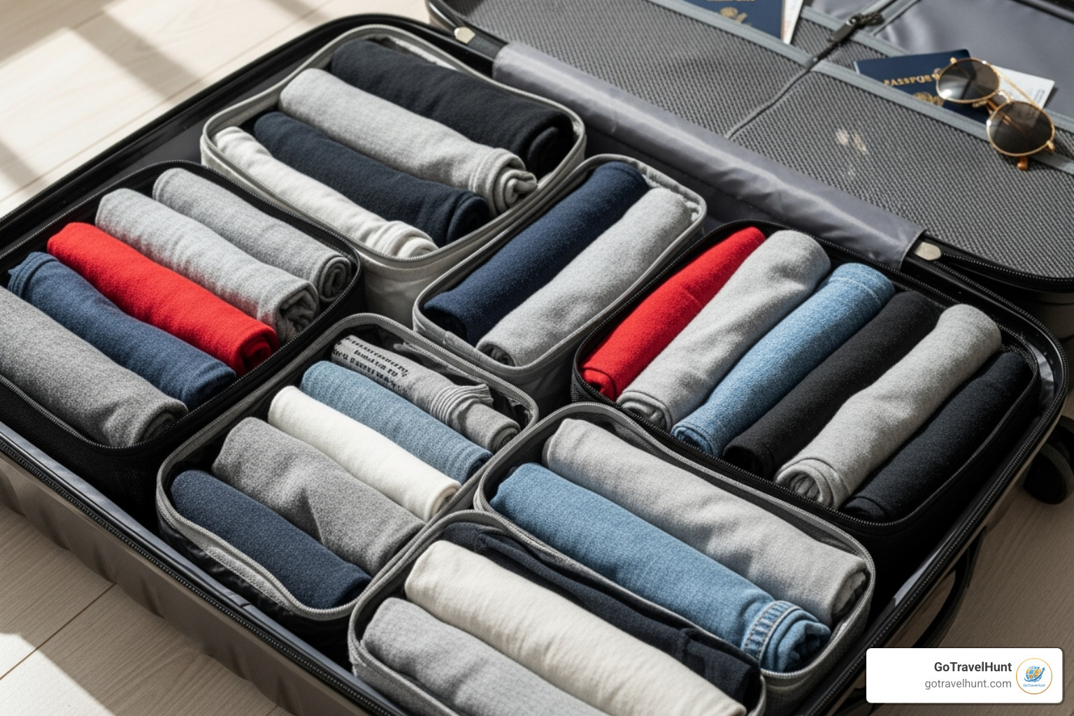 Neatly rolled clothes in various packing cubes, organized inside a suitcase for efficient space utilization - last minute packing list Neatly rolled clothes in various packing cubes, organized inside a suitcase for efficient space utilization - last minute packing list