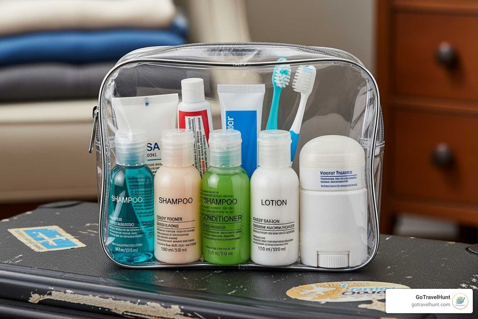Travel-sized toiletries neatly arranged in a clear, TSA-approved bag, ready for a carry-on luggage inspection - last minute packing list Travel-sized toiletries neatly arranged in a clear, TSA-approved bag, ready for a carry-on luggage inspection - last minute packing list