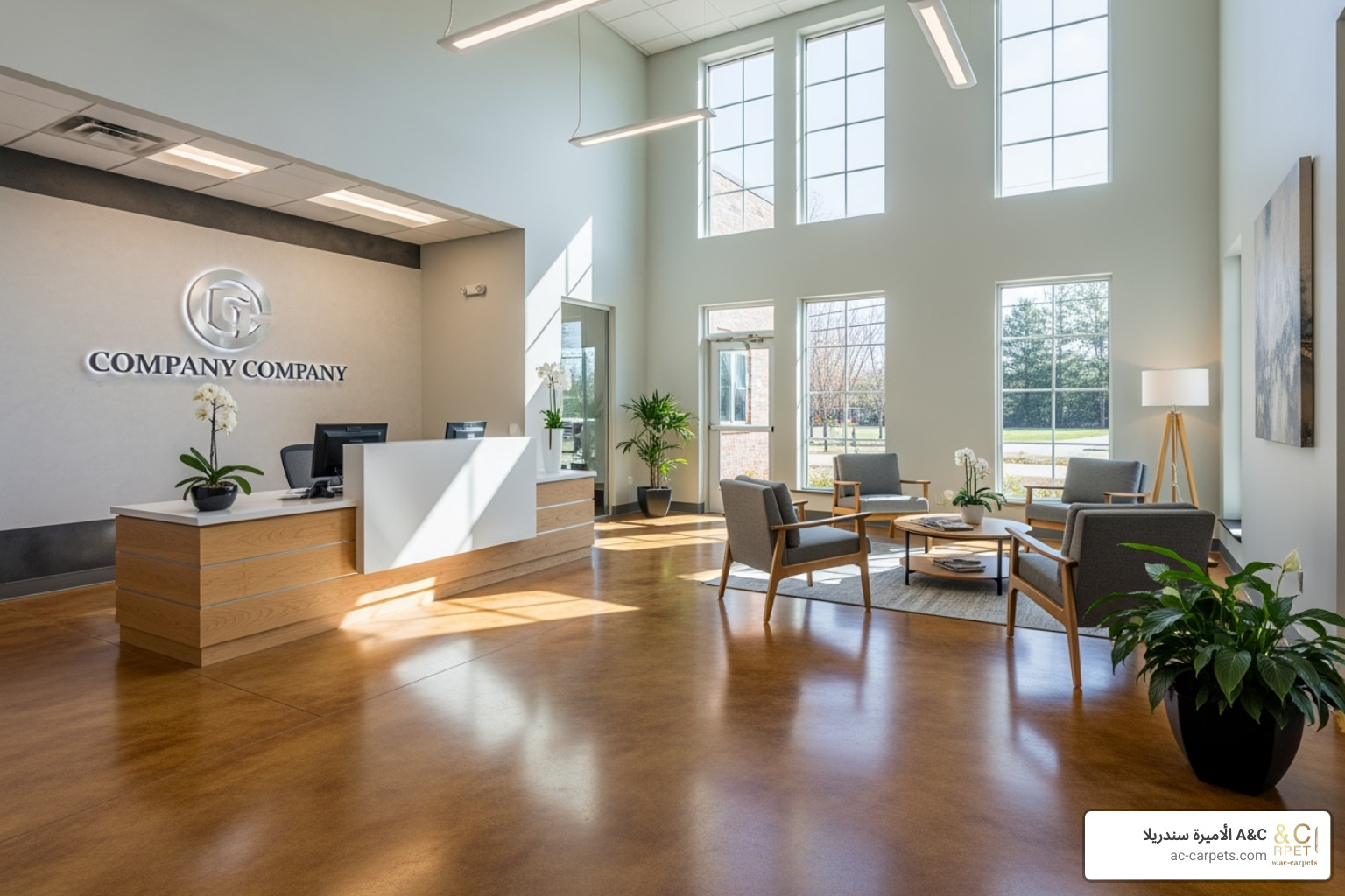 Bright, welcoming office reception with a beautifully stained concrete floor - best ideas for concrete office floors