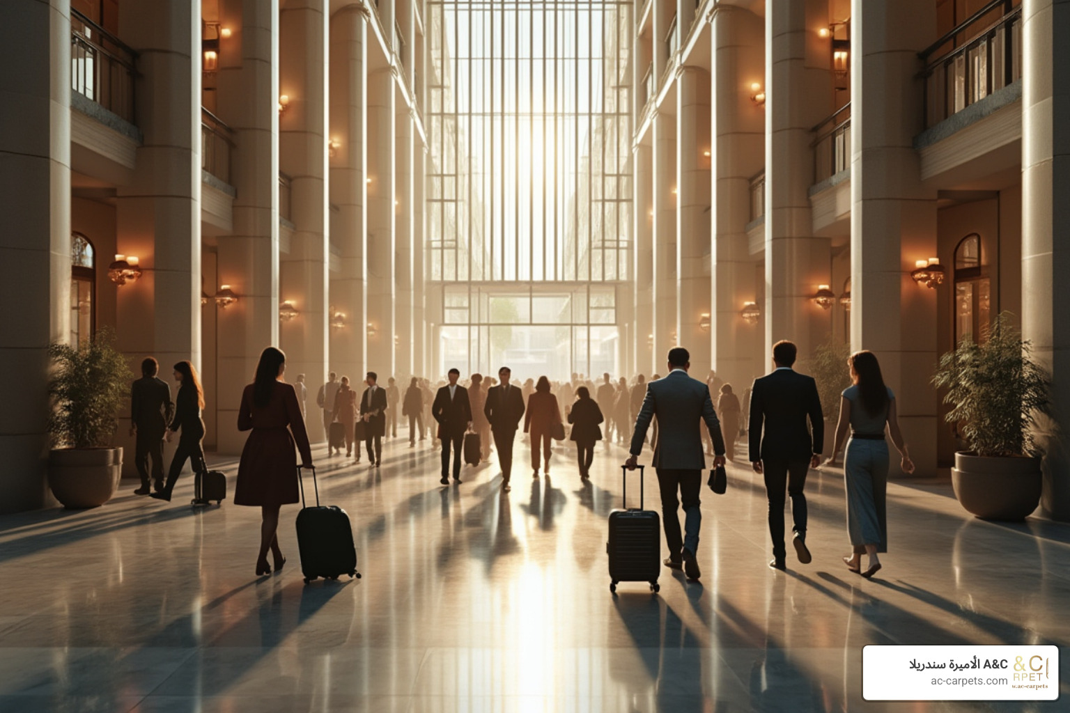 busy hotel lobby with high foot traffic and luggage - hotel lobby flooring