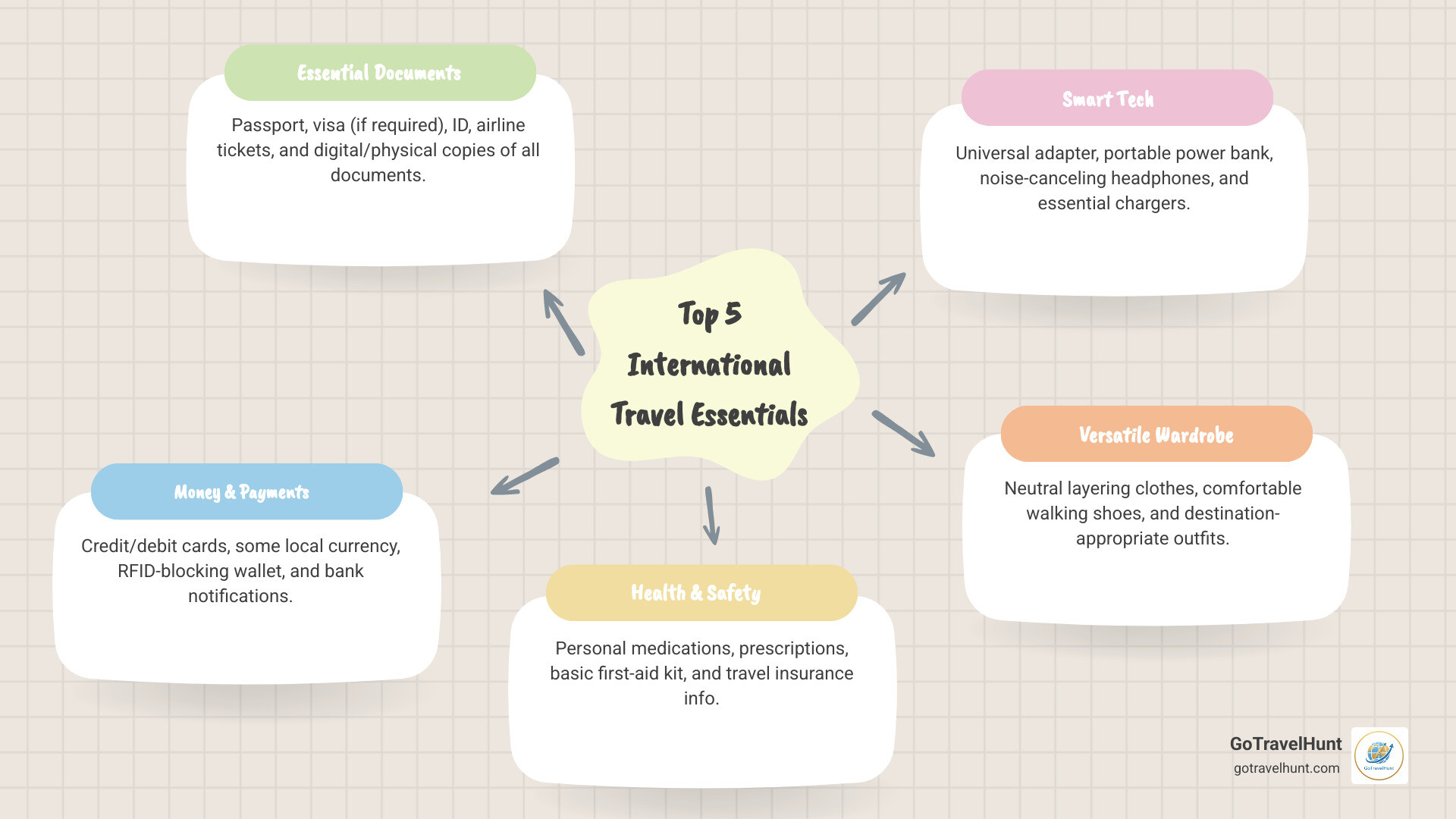 Comprehensive international travel packing checklist showing essential documents in top left (passport, visa, tickets), tech gadgets in top right (universal adapter, power bank, headphones), clothing essentials in bottom left (neutral colors, comfortable shoes, layering pieces), and organization tools in bottom right (packing cubes, toiletry bag, document organizer) - best things to pack for international travel infographic mindmap-5-items Comprehensive international travel packing checklist showing essential documents in top left (passport, visa, tickets), tech gadgets in top right (universal adapter, power bank, headphones), clothing essentials in bottom left (neutral colors, comfortable shoes, layering pieces), and organization tools in bottom right (packing cubes, toiletry bag, document organizer) - best things to pack for international travel infographic mindmap-5-items