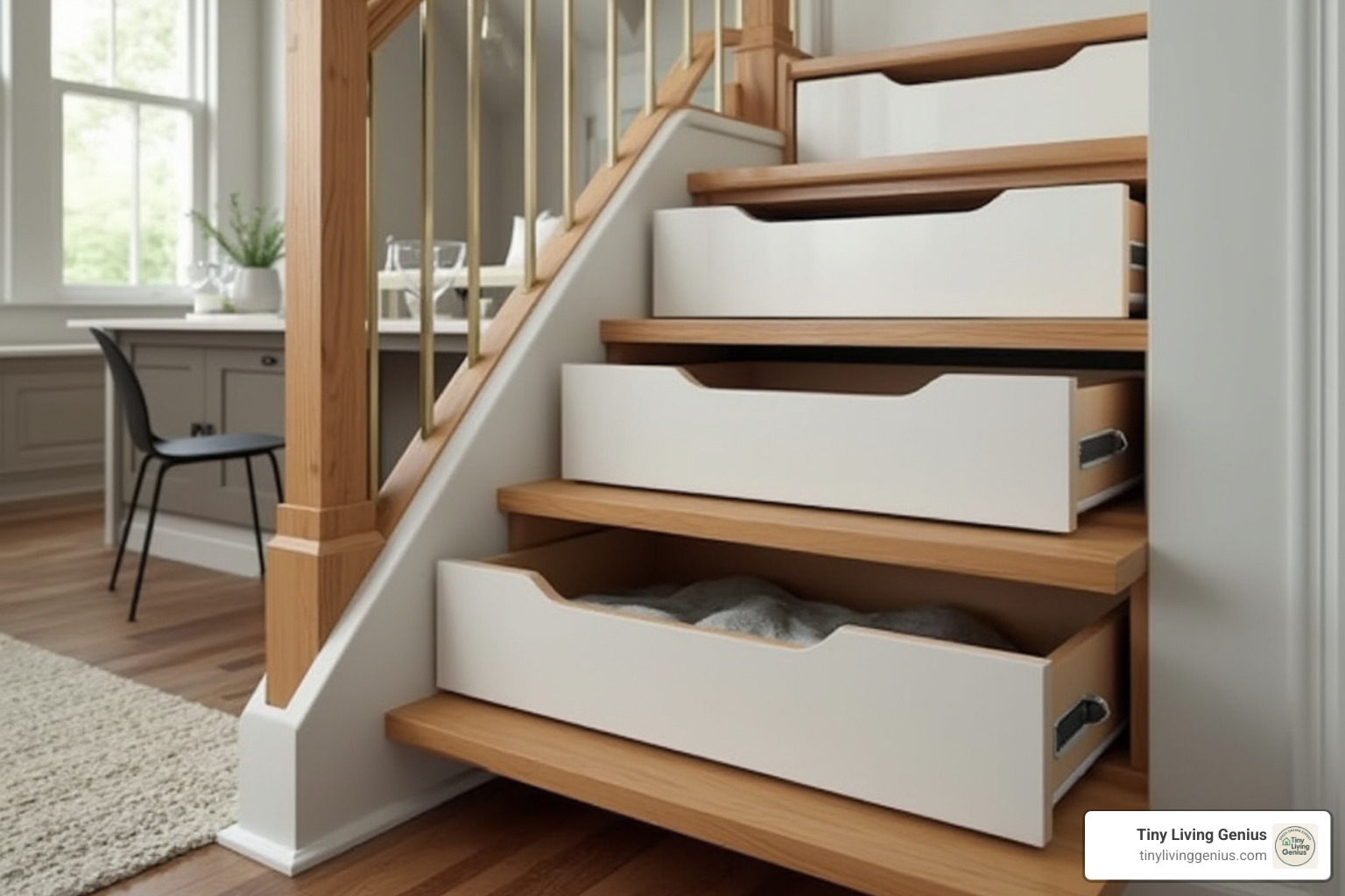 clever under-stair drawers integrated into a tiny home staircase - Tiny home furniture