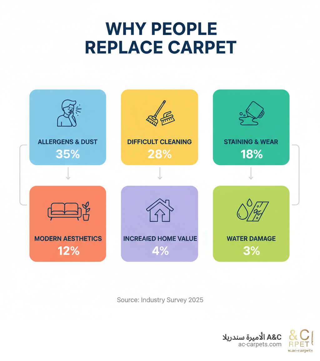 Infographic showing the top 6 reasons people replace carpet: allergens and dust accumulation 35%, difficult cleaning and maintenance 28%, staining and wear concerns 18%, desire for modern aesthetics 12%, increased home value 4%, and water damage susceptibility 3% - carpet substitute infographic 