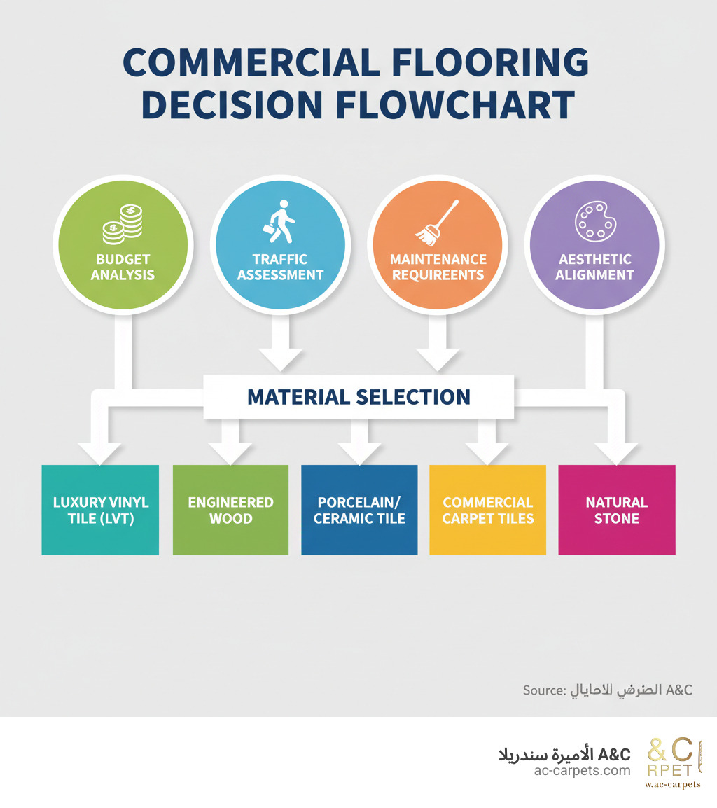 Commercial flooring decision flowchart showing budget analysis, traffic assessment, maintenance requirements, and aesthetic alignment leading to material selection recommendations - Interior design flooring infographic 
