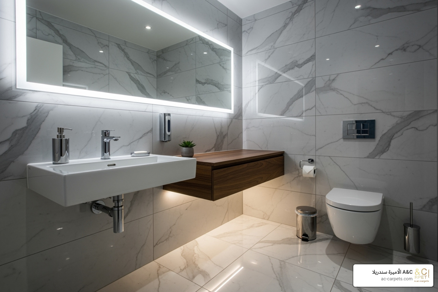 A sleek office bathroom with marble-style tile - Interior design flooring
