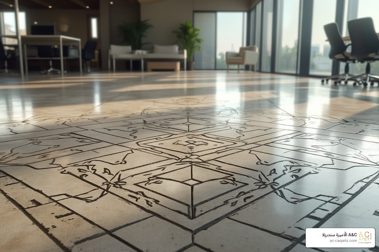 Concrete floor with intricate geometric patterns - best ideas for concrete office floors