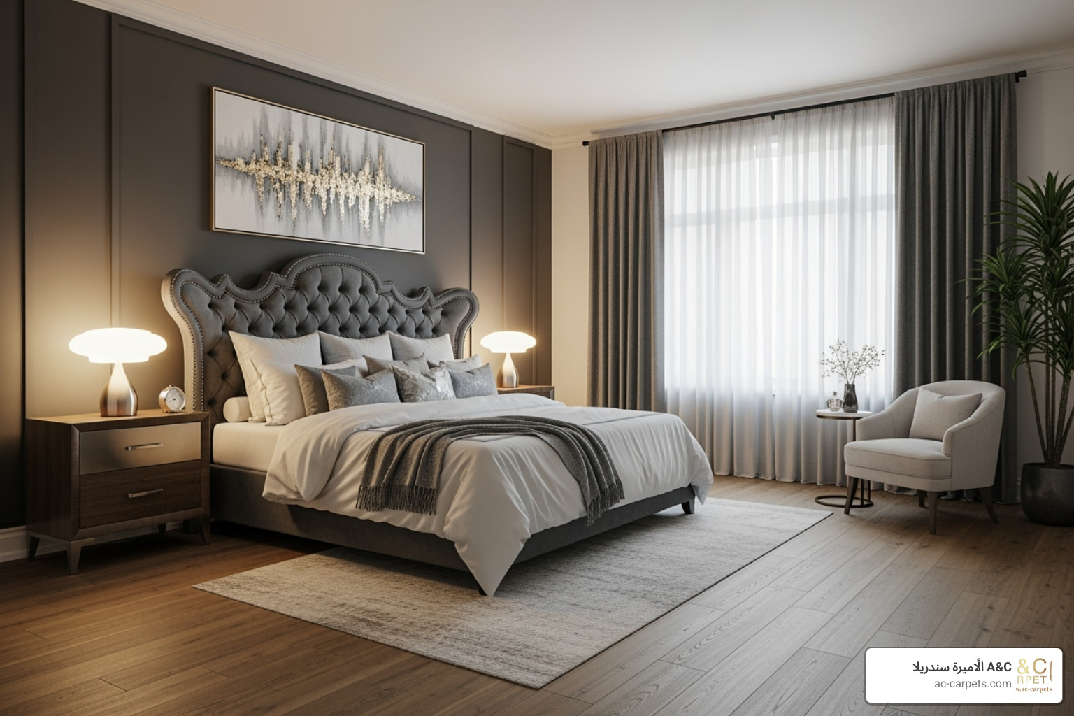 luxurious bedroom with engineered wood floors from الأميرة سندريلا A&C - carpet substitute