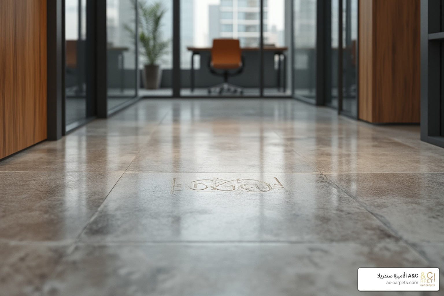 Concrete floor with custom-engraved company logo - best ideas for concrete office floors