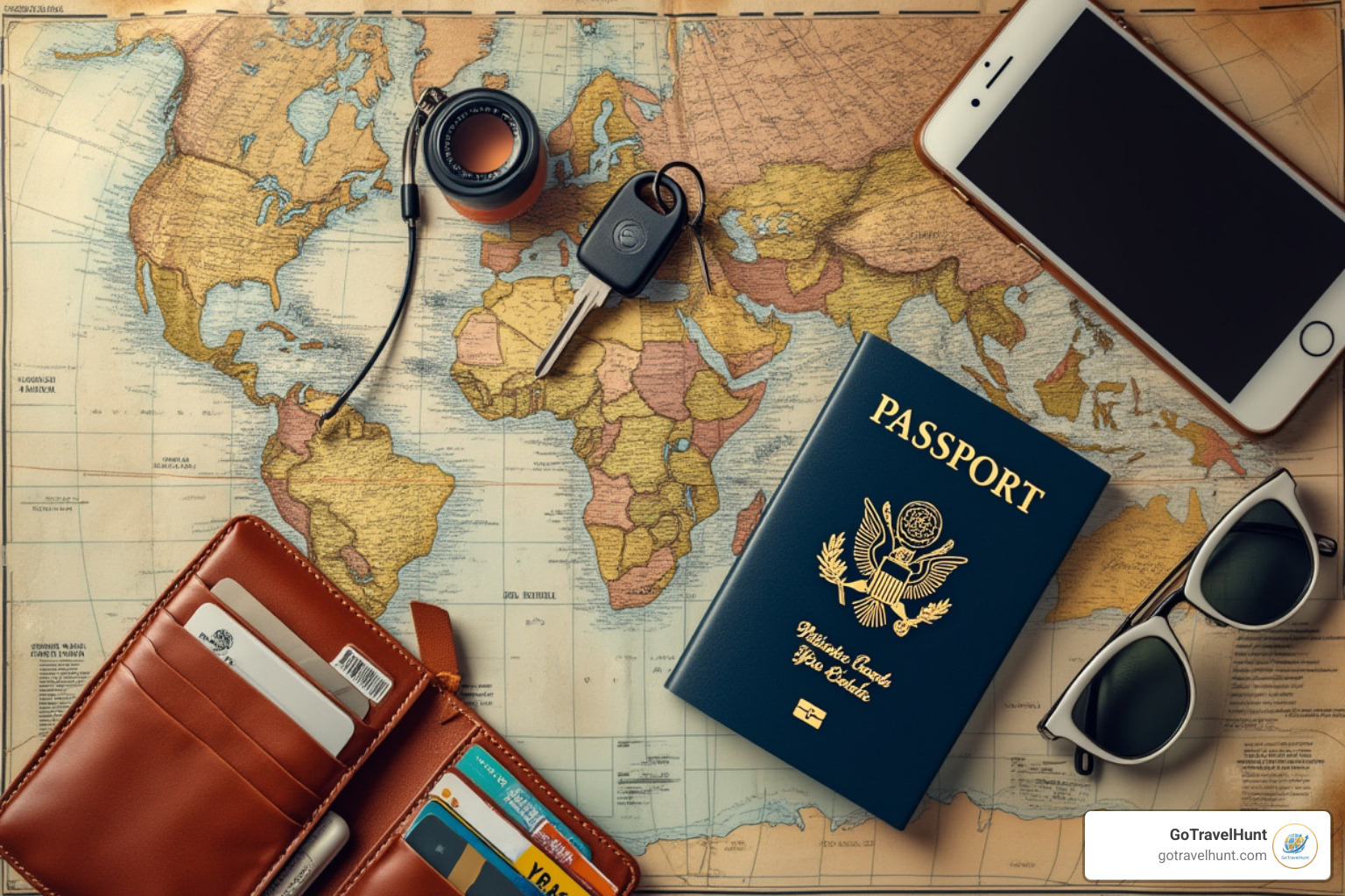 A flat lay of essential items including a passport, wallet with cards, smartphone, keys, and sunglasses, neatly arranged on a travel map - last minute packing list A flat lay of essential items including a passport, wallet with cards, smartphone, keys, and sunglasses, neatly arranged on a travel map - last minute packing list
