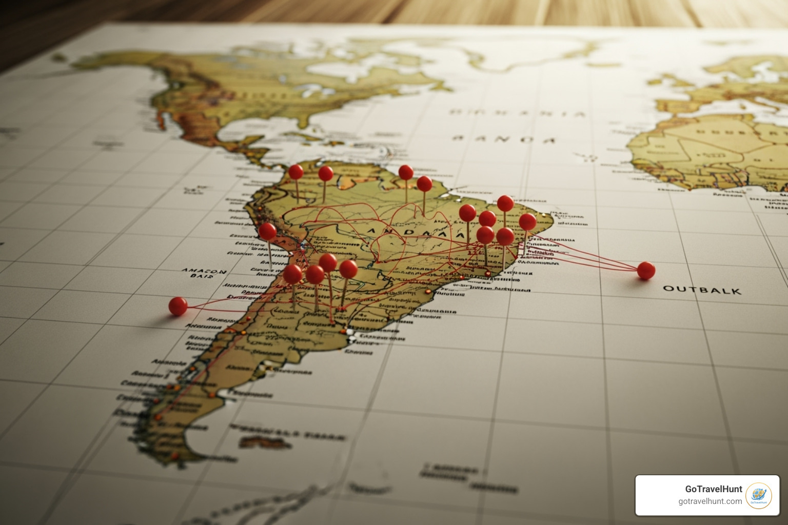 World map with pins on South America and Australia - cheap flights in july