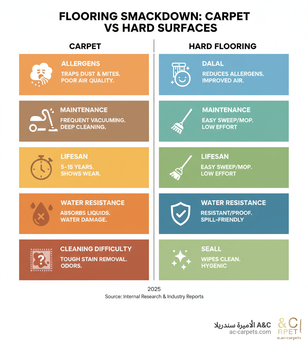 Comparison infographic showing carpet vs hard flooring on allergens, maintenance requirements, lifespan, water resistance, and cleaning difficulty - Non carpet flooring infographic 