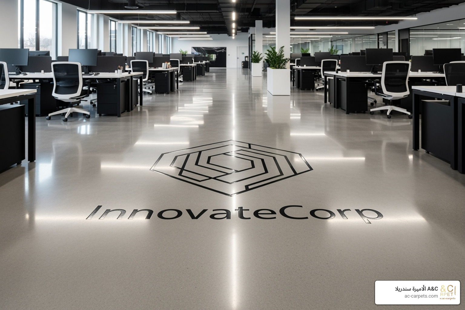 Concrete floor with a custom-engraved company logo - best ideas for concrete office floors