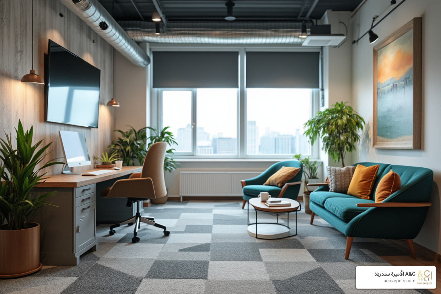 A cozy office lounge area with modern carpet tiles - Interior design flooring