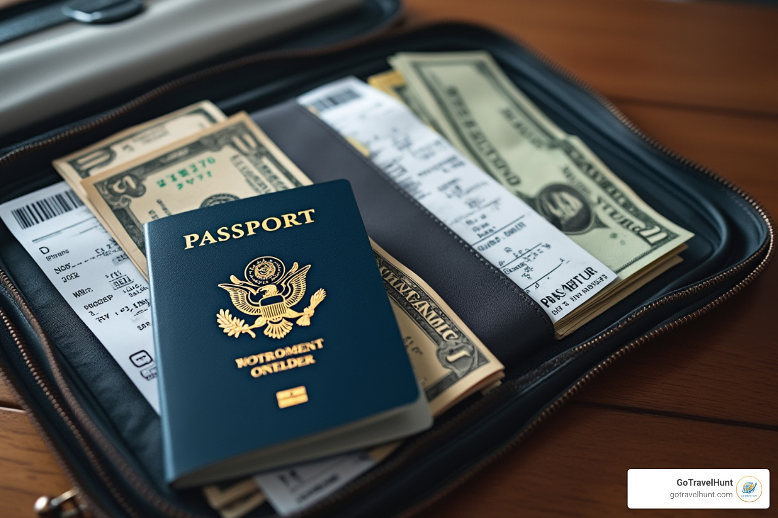 of a travel document organizer holding a passport, tickets, and foreign currency - best things to pack for international travel of a travel document organizer holding a passport, tickets, and foreign currency - best things to pack for international travel