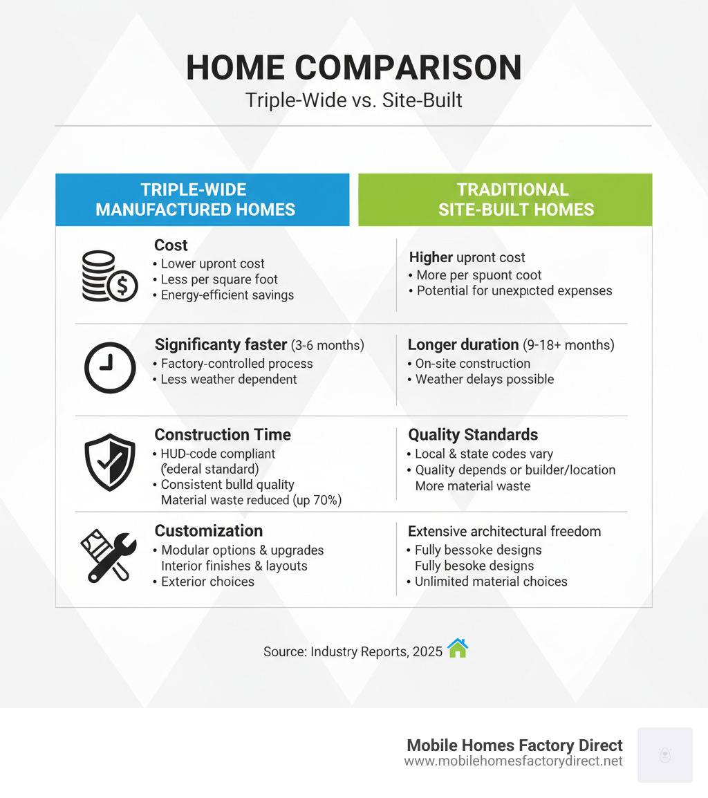 Table comparing Triple-Wide Manufactured Homes and Traditional Site-Built Homes on Cost, Construction Time, Quality Standards, and Customization - largest triple wide mobile homes infographic 