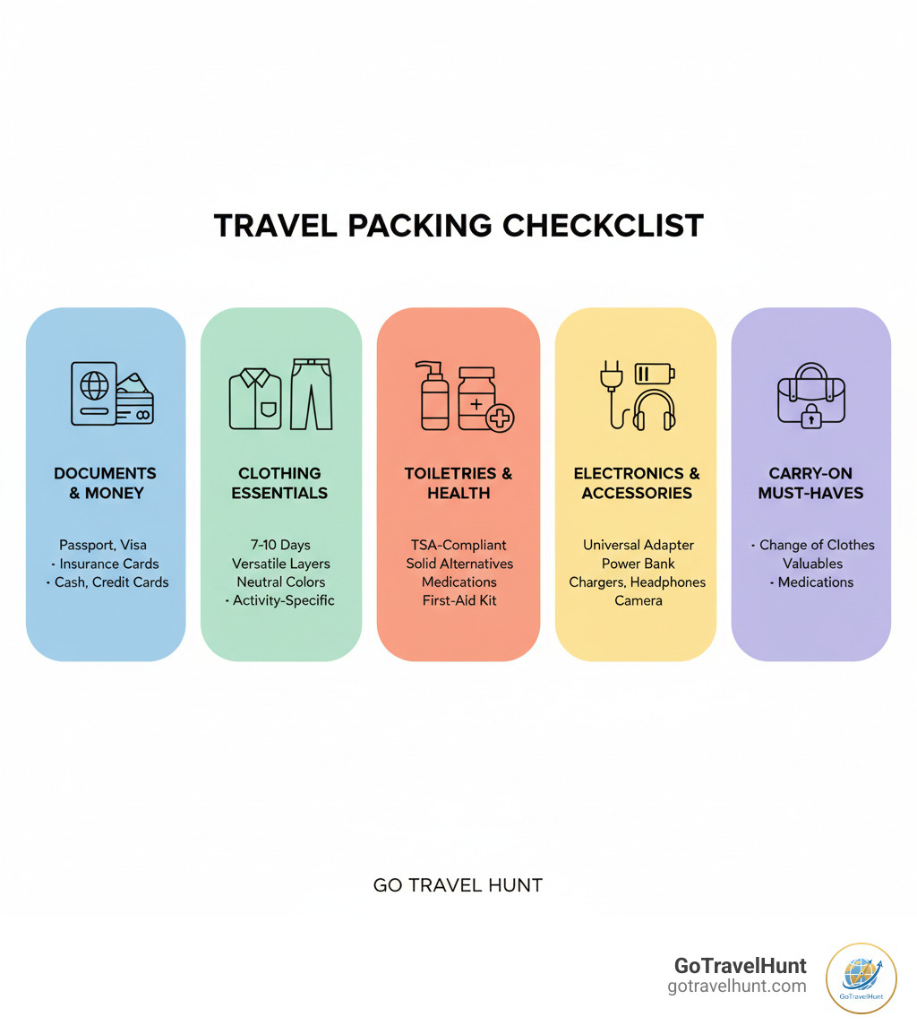 Comprehensive travel packing checklist infographic showing essential categories: documents and money (passport, visa, insurance cards, cash), clothing essentials (7-10 days versatile layers, neutral colors, activity-specific items), toiletries and health (TSA-compliant containers, solid alternatives, medications, first-aid kit), electronics and accessories (universal adapter, power bank, chargers, headphones, camera), and carry-on must-haves (change of clothes, valuables, important documents, medications) - best travel packing list infographic  Comprehensive travel packing checklist infographic showing essential categories: documents and money (passport, visa, insurance cards, cash), clothing essentials (7-10 days versatile layers, neutral colors, activity-specific items), toiletries and health (TSA-compliant containers, solid alternatives, medications, first-aid kit), electronics and accessories (universal adapter, power bank, chargers, headphones, camera), and carry-on must-haves (change of clothes, valuables, important documents, medications) - best travel packing list infographic