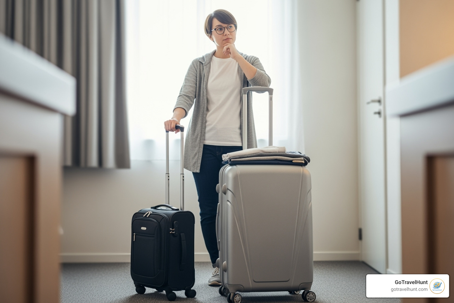 Traveler deciding between a carry-on and a checked bag - best travel packing list Traveler deciding between a carry-on and a checked bag - best travel packing list