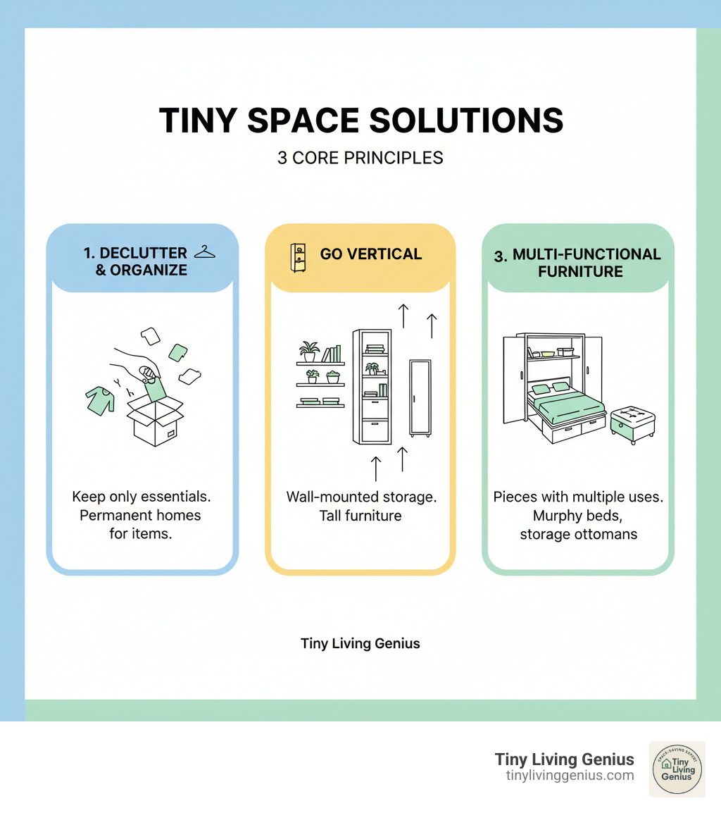 Infographic showing the three core principles of tiny space solutions: Declutter and organize by keeping only essentials and creating permanent addresses for items, Go Vertical by using wall-mounted storage and tall furniture to maximize unused vertical space, and Choose Multi-functional Furniture by selecting pieces that serve multiple purposes like Murphy beds and storage ottomans - Tiny space solutions infographic 