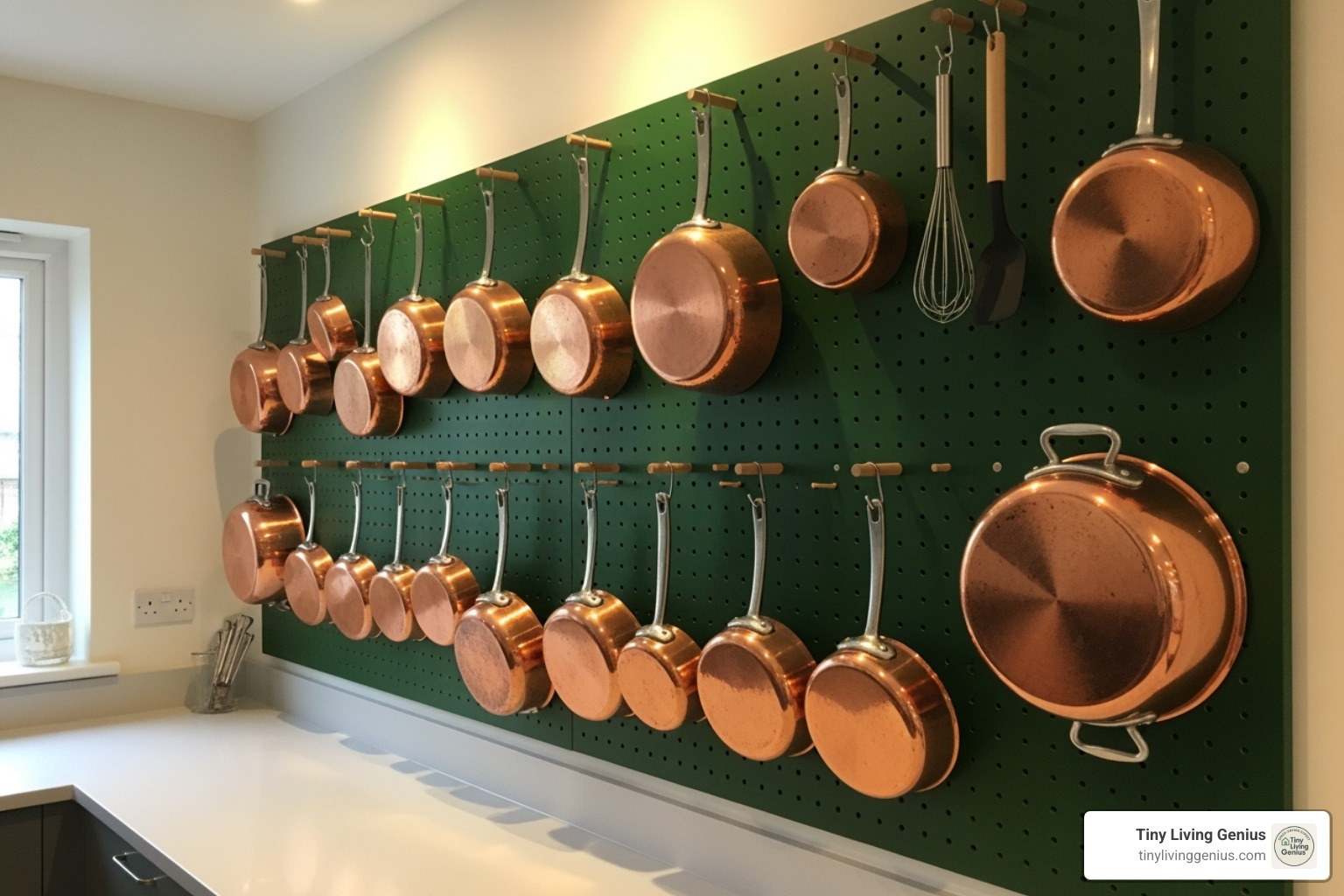 A kitchen with a dark green pegboard wall holding copper pots and pans, demonstrating creative vertical storage - Tiny space solutions