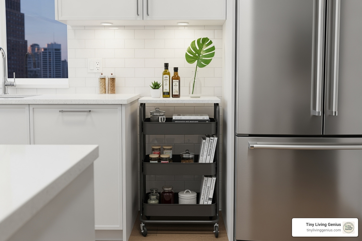 A slim rolling cart with multiple shelves, perfect for tucking into tight spaces in a kitchen or bathroom for extra storage - Tiny space solutions