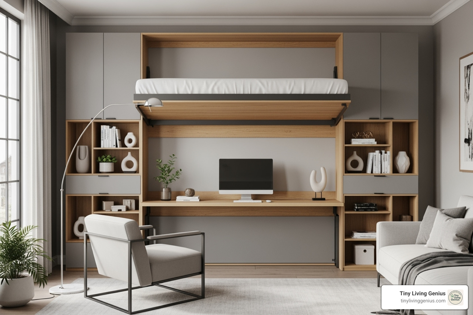 A modern living room with a Murphy bed neatly folded up into a wall unit, revealing a functional desk and shelving - Tiny space solutions