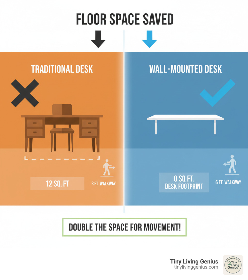 Comparison infographic showing floor space saved by wall-mounted desk versus traditional desk, including measurements and visual representation of available walking space - wall mounted desks for small spaces infographic 