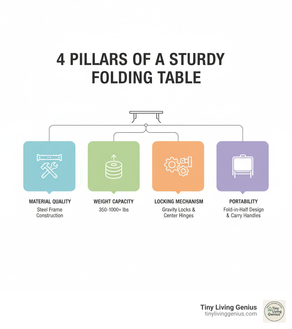 Infographic showing the 4 pillars of a sturdy folding table: Material quality with steel frame construction, Weight capacity ratings from 350-1000+ lbs, Locking mechanism types including gravity locks and center hinges, and Portability features like fold-in-half design and carry handles - sturdy folding table infographic 