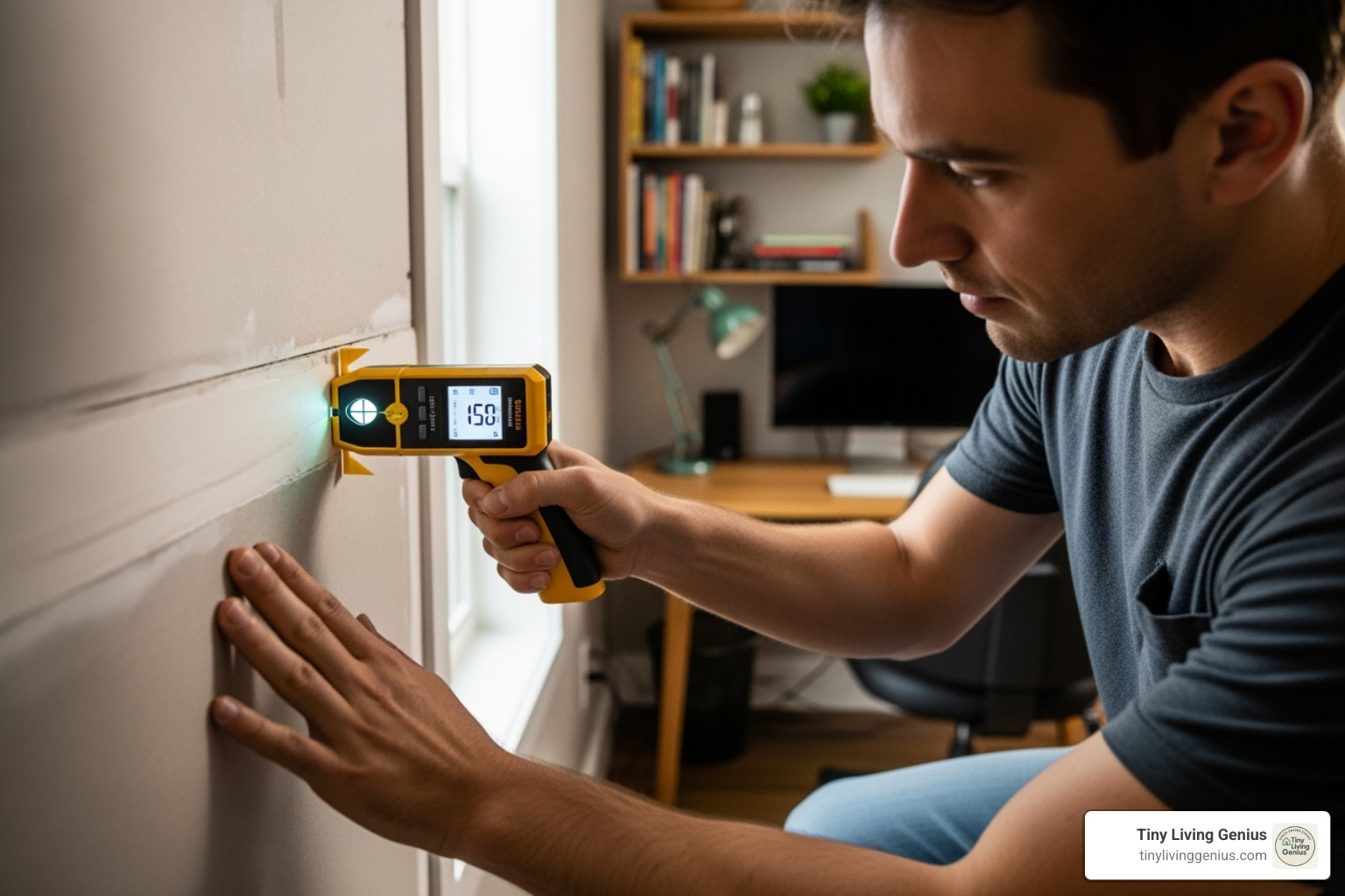 person using a stud finder - wall mounted desks for small spaces
