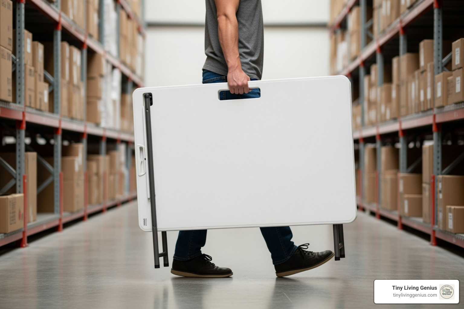 person easily carrying a fold-in-half table with a built-in handle - sturdy folding table