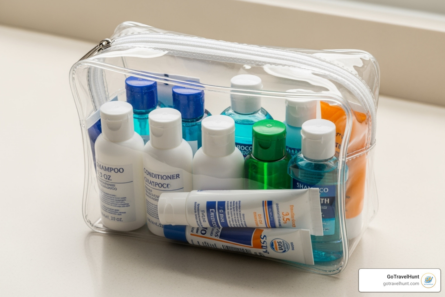 TSA-approved clear toiletry bag with travel-sized bottles - best travel packing list TSA-approved clear toiletry bag with travel-sized bottles - best travel packing list