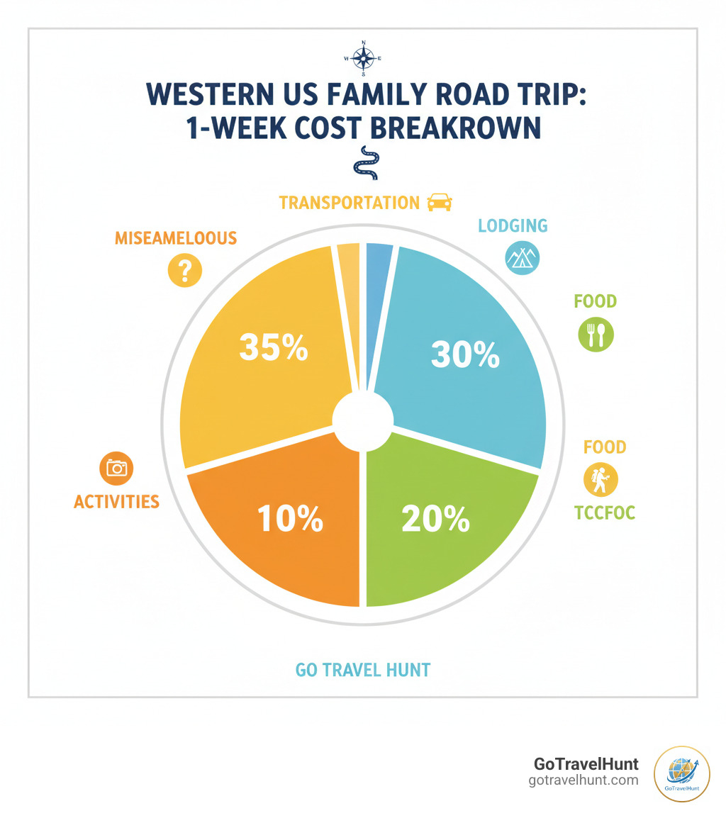 Infographic showing cost breakdown: Transportation 35%, Lodging 30%, Food 20%, Activities 10%, Miscellaneous 5% for a one-week Western US family road trip - expense savings tips for traveling with your family out west infographic 