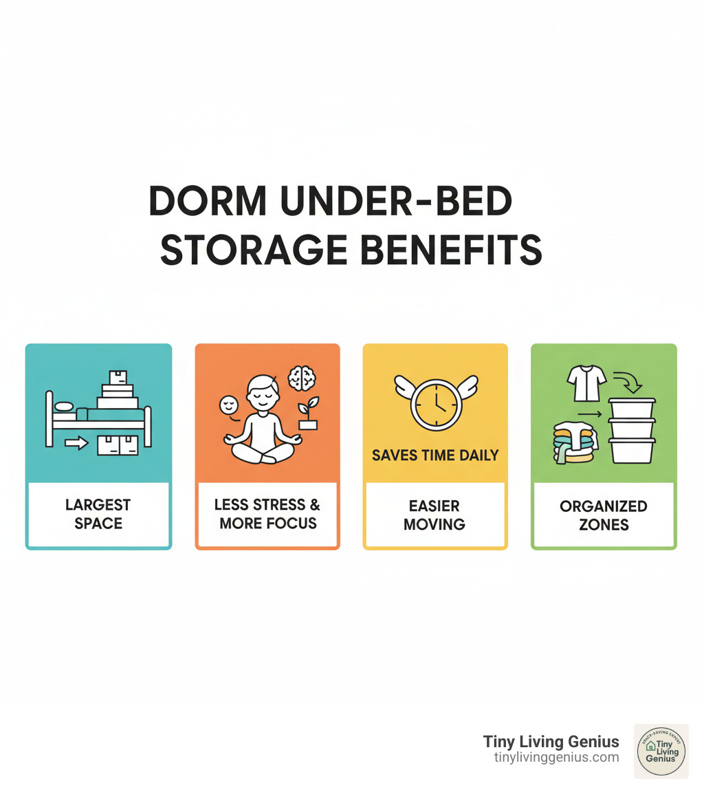Infographic showing under-bed storage benefits: largest available storage space in dorms, reduces stress and improves focus, saves time during daily routines, makes moving easier with pre-packed containers, and transforms cluttered spaces into organized zones - dorm room bed storage infographic 