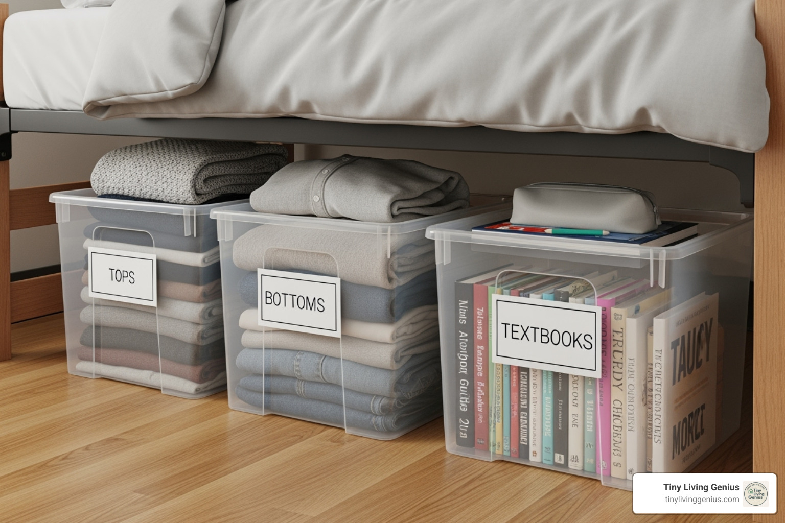 neatly organized and labeled under-bed bins - dorm room bed storage