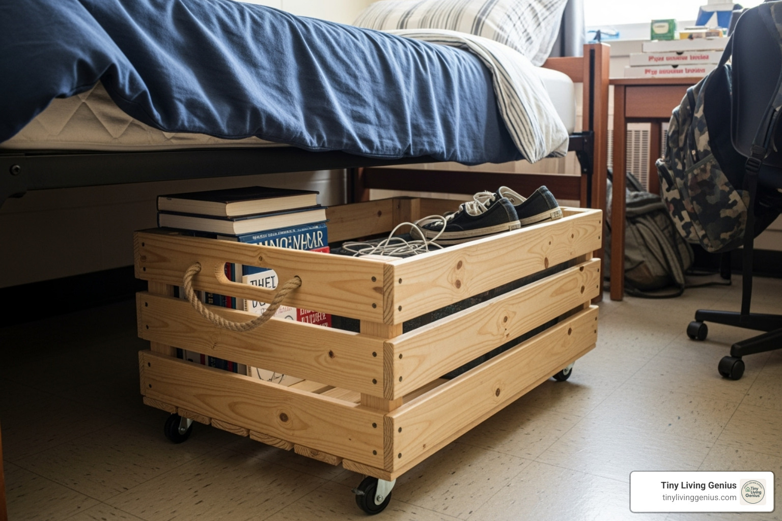 DIY rolling wooden crate - dorm room bed storage