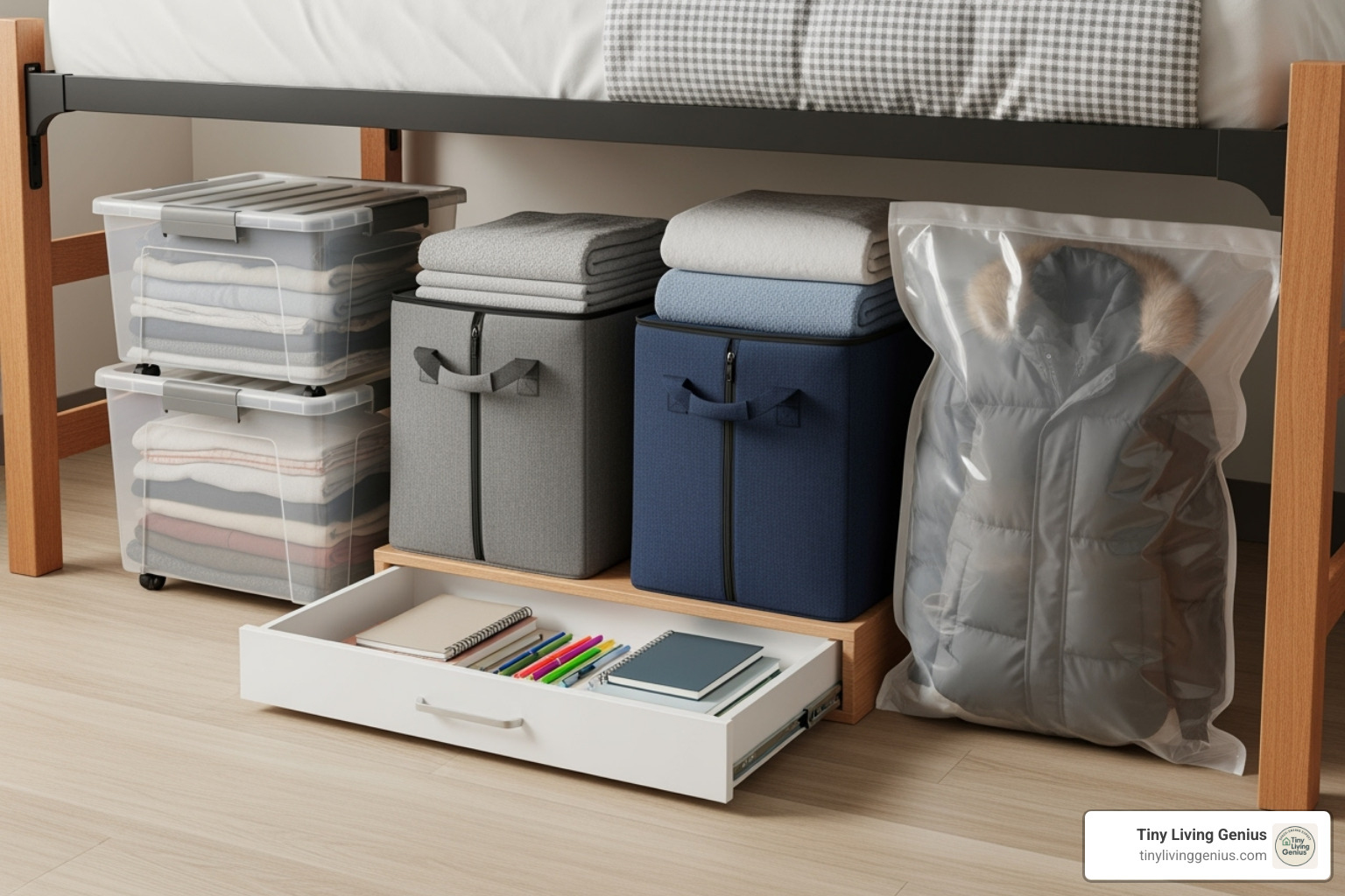 various under-bed storage types - dorm room bed storage