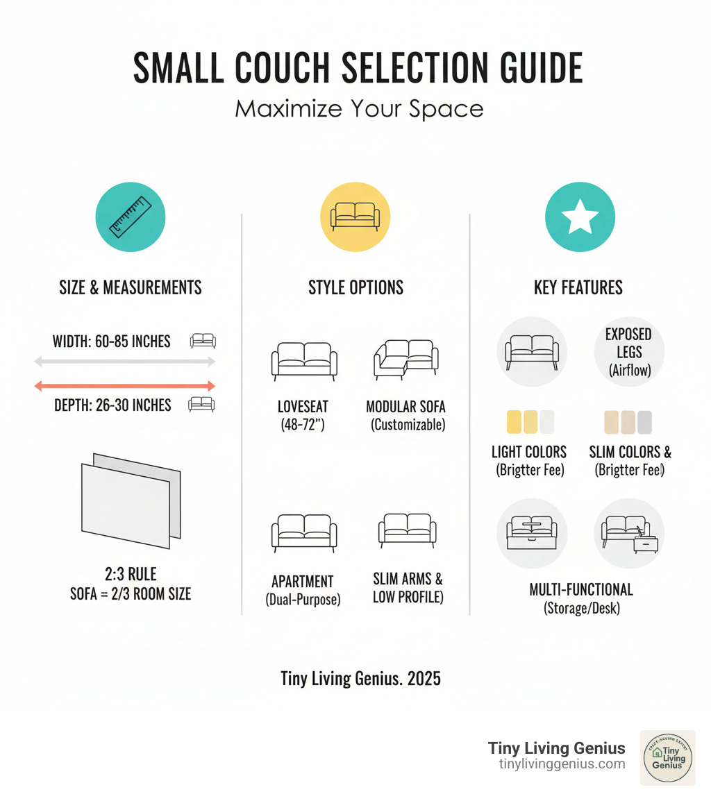 Comprehensive guide showing small couch selection criteria including size measurements, style options like loveseats and modular sofas, and key features like exposed legs, light colors, and multi-functionality for maximizing small living spaces - small couches for small spaces infographic 